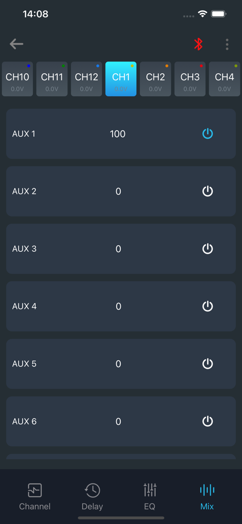 EZY-DSP - Pantalla de mezcla de la aplicación móvil EZY-DSP que muestra los niveles de entrada AUX y la selección de canal para la afinación de audio de coche