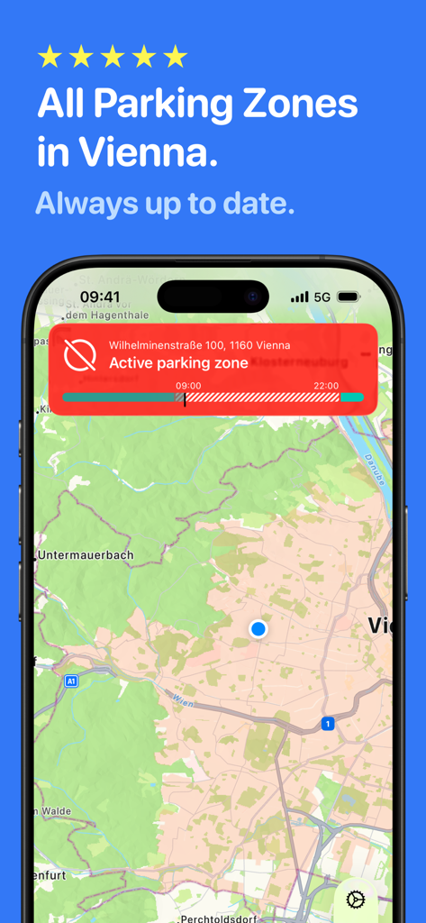 Parking Zones Vienna app interface showing a map with an active parking zone alert