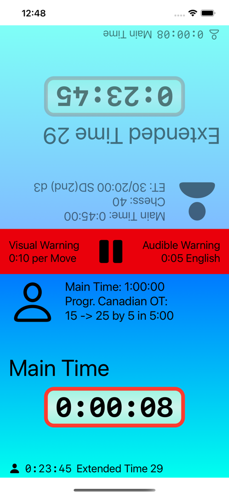 Game Clock (Chess, Go, Shogi) - Pantalla de cronómetro dual de la aplicación Game Clock para ajedrez y Go mostrando tiempo principal y tiempo adicional para dos jugadores.