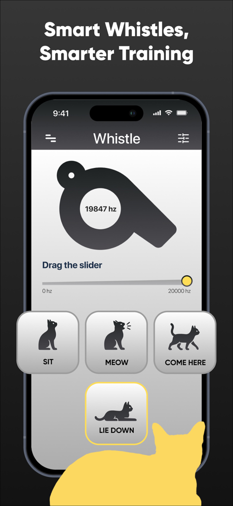 NeowTalk: Cat Translator - Interfaz de la aplicación NeowTalk Cat Translator que muestra la función de silbato inteligente para comandos de entrenamiento como sentarse y acostarse.
