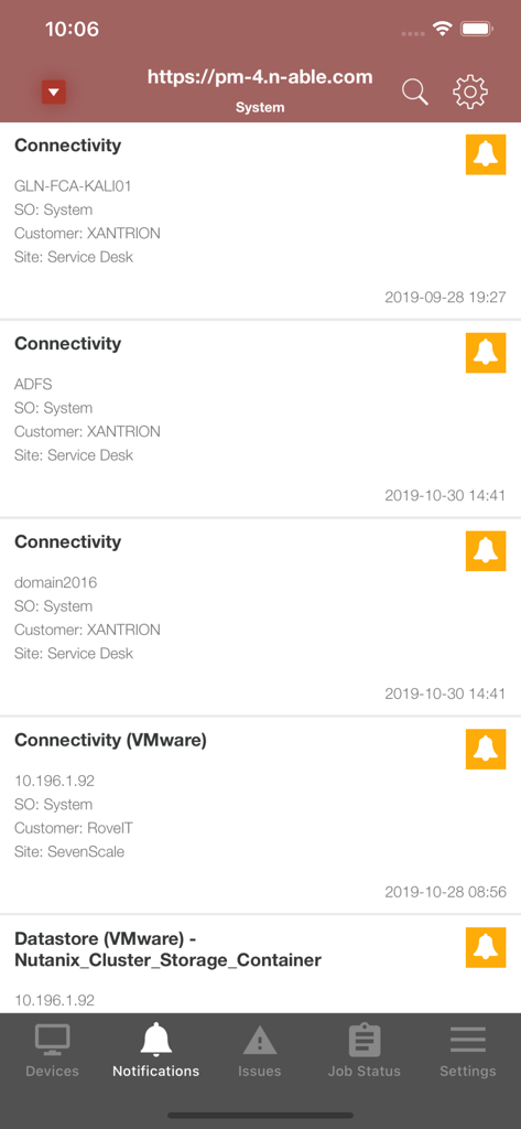 The notifications screen in the N-central Mobile app displaying connectivity and storage alerts for IT infrastructure management.