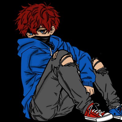 a male hoddie ripped jeans messy hair anime