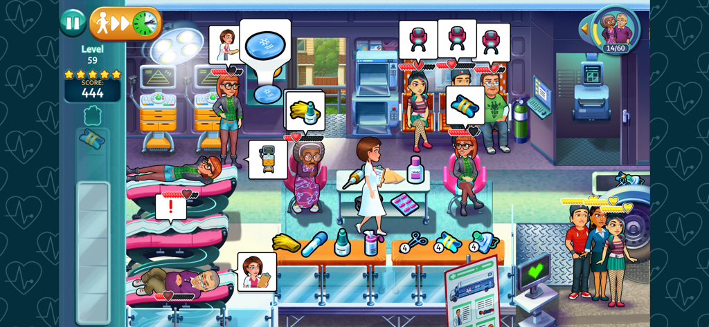 Heart's Medicine - Doctor Game - Eine geschäftige Krankenstation in Heart's Medicine, die Allison Heart bei der Behandlung mehrerer Patienten zeigt.