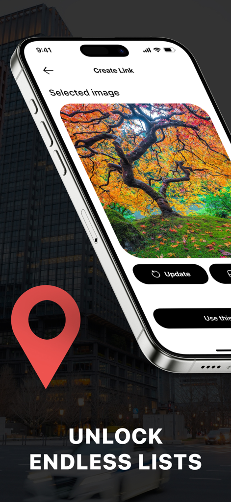 Geo Tug: GPS Track Location - Geo Tug app interface with a red map pin and the text unlock endless lists