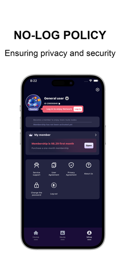 Quick meow-Cat Fast VPN app screen showing the no-log policy message and user profile settings page on a mobile device.