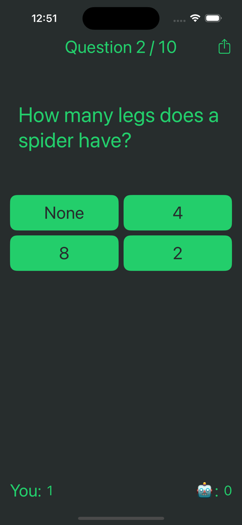 Are you SMARTER than an AI? - Screenshot of a trivia question about spider legs in the Are you SMARTER than an AI mobile app