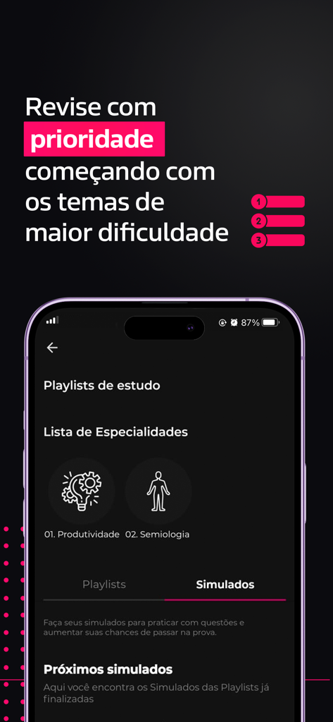Afya Papers app screen showing medical study playlists and simulations prioritized by difficulty level