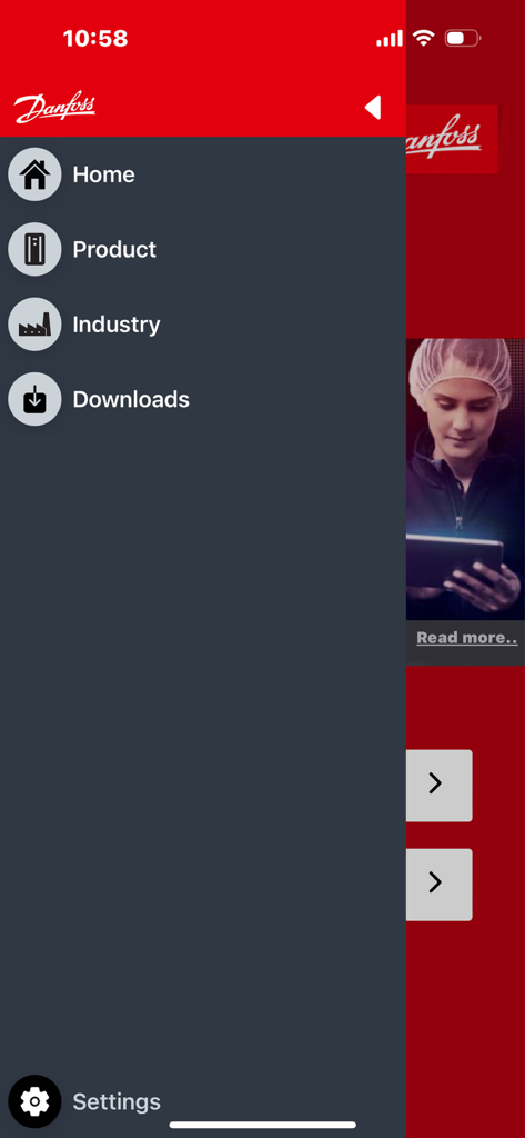 Seitennavigationsmenü der Danfoss MyDrive Portfolio App mit Optionen für Produkte, Branchen und Downloads