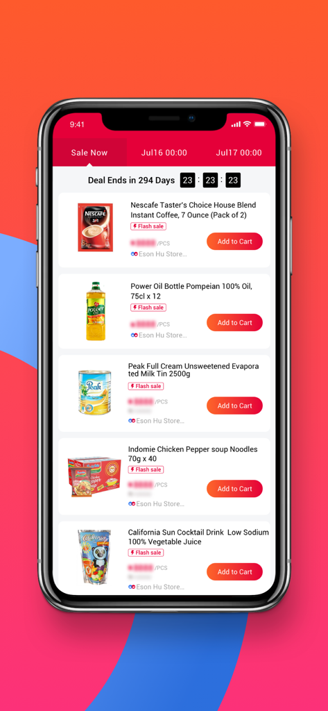 Egatee app interface displaying flash sale grocery items like coffee, oil, and noodles with add to cart buttons