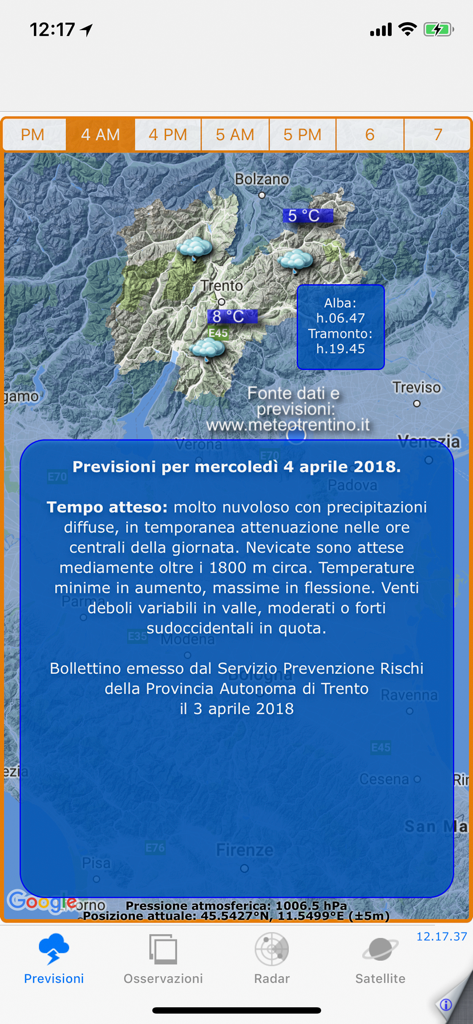 Meteo Trentino app interface displaying a regional weather map with temperatures and a detailed forecast bulletin