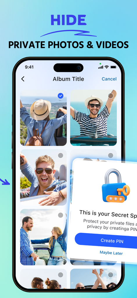 Phone Cleaner: AI Clean Up - Una pantalla que muestra la función de carpeta privada para ocultar fotos y videos con un bloqueo PIN en la aplicación Phone Cleaner.