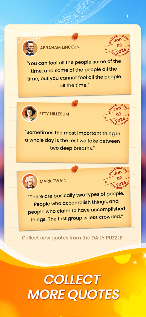 Tägliche Rätselzitate-Sammlungsfunktion in der Word Search Trip App, die historische Zitate von berühmten Persönlichkeiten zeigt.