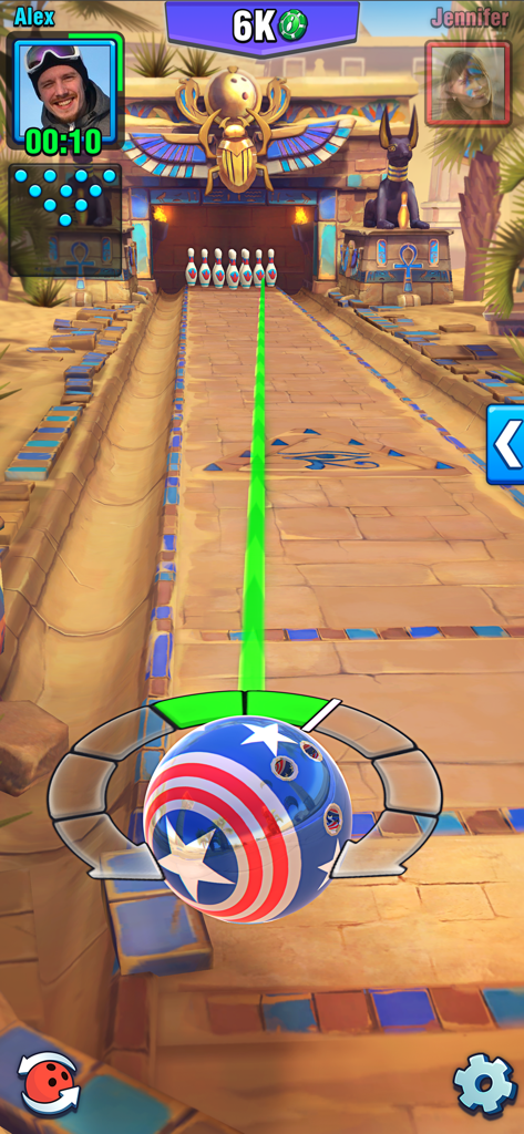 Bowling Crew — 3D Sport Game - 미국 국기 볼링공이 특징인 이집트 테마 볼링장에서의 3D 볼링 게임