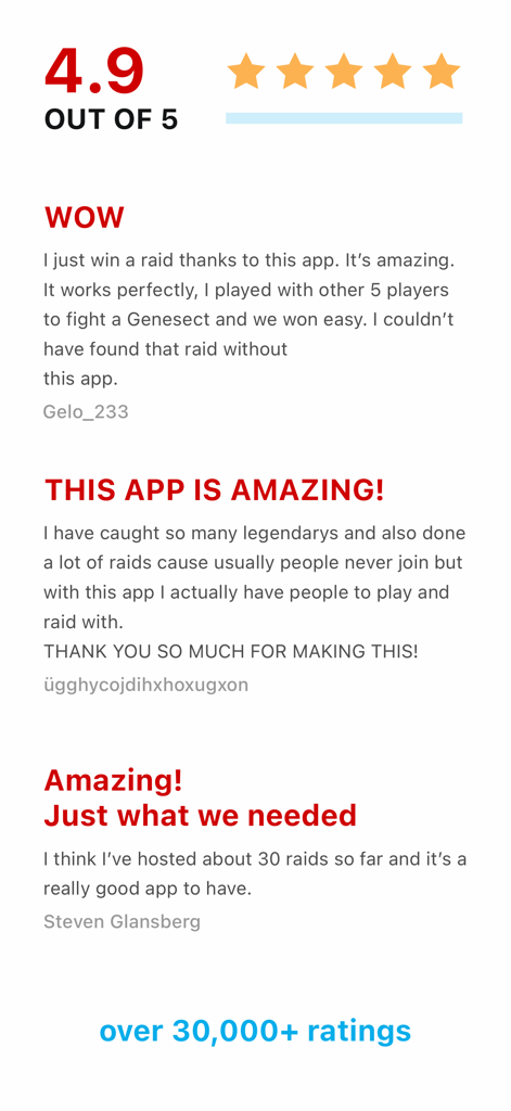 A collection of positive user reviews and a high 4.9 rating for the GO Raid Party app.