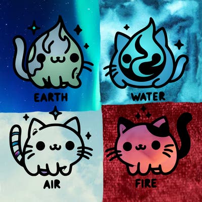 4 cats that represent the different elements, earth, water, air, and fire