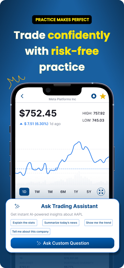 Finademy: Learn Stock Basics - Interfaz de la aplicación móvil Finademy que muestra un simulador de mercado de acciones libre de riesgos y un asistente de trading de IA