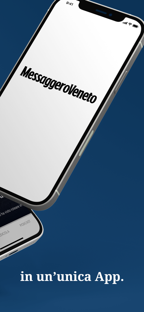 Smartphone affichant le logo de l'application Messaggero Veneto sur fond bleu