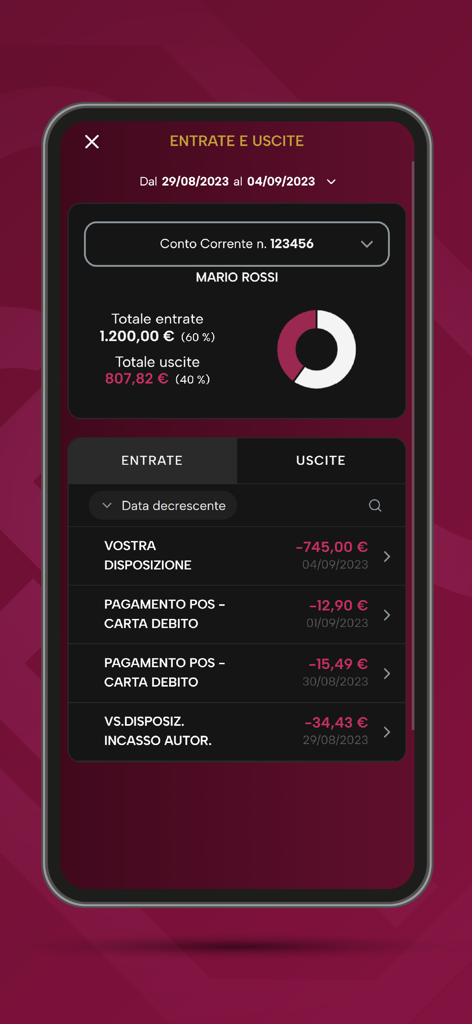 MB+ - Banca Passadore MB plus app interface showing income and expense totals with a donut chart and transaction history