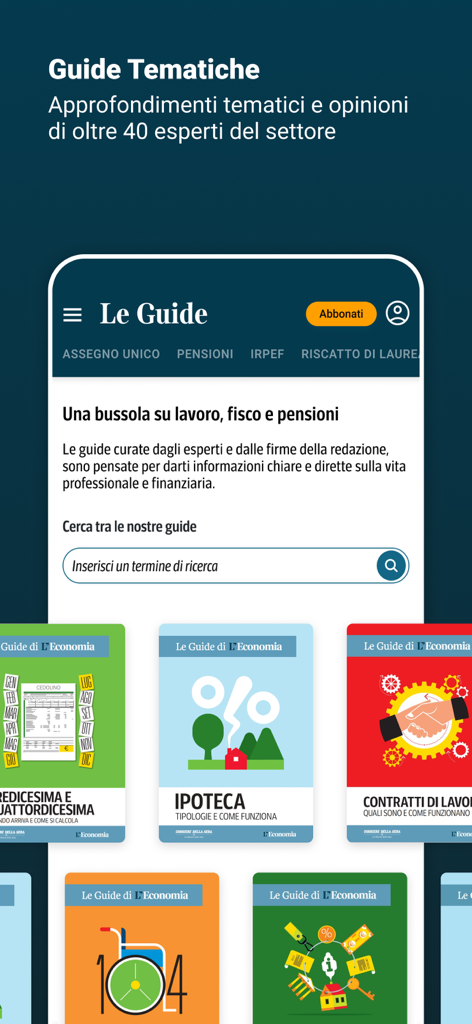 L'Economia Corriere della Sera - L Economia app interface showing thematic guides on finance and labor