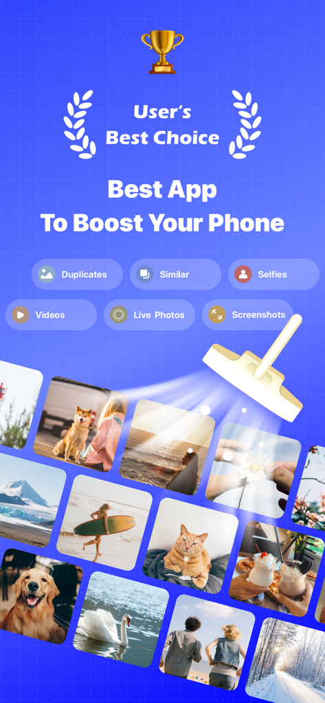 Boost Cleaner: Freeup Storage - Visual representation of the Boost Cleaner app features showing a digital vacuum cleaner organizing a photo gallery and list of cleanup categories