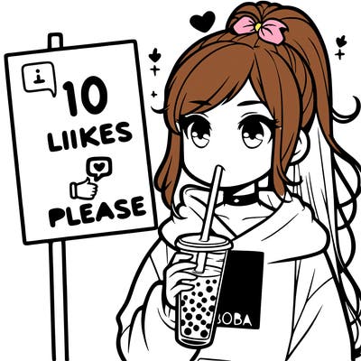 girl with a high ponytail and a hoodie drinking boba staring at a sign saying 10 likes please