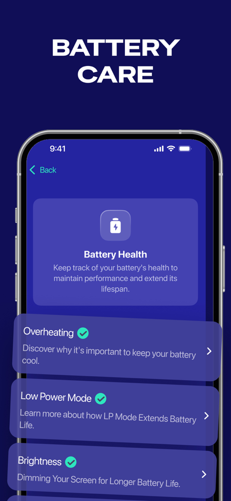 Interface of the Apex app showing battery health monitoring and maintenance features for iPhone.