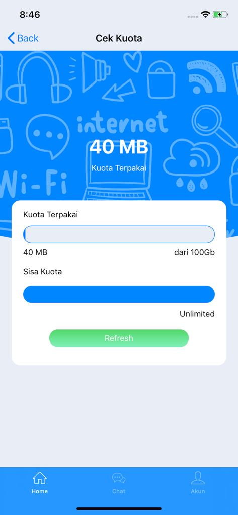Sister For Student - Captura de pantalla de la aplicación Sister For Student que muestra detalles del uso de la cuota de internet universitaria y un botón de actualización