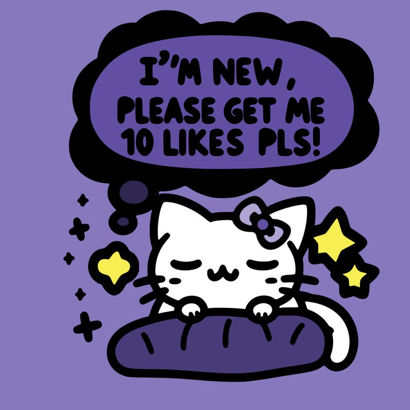 kitty taking a nap dream talking and saying "i'm new, please get me at least 10 likes pls!!"