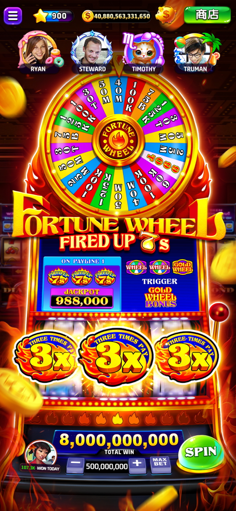 Aplicación móvil Cash Club Casino mostrando un vibrante juego de bonificación de Rueda de la Fortuna con multiplicadores 3x y una enorme ganancia de jackpot.