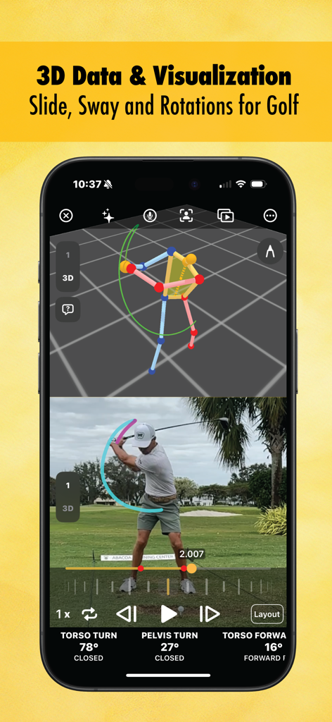 Onform: Video Analysis App - Onform app displaying 3D skeleton tracking and biomechanical data for a golf swing analysis