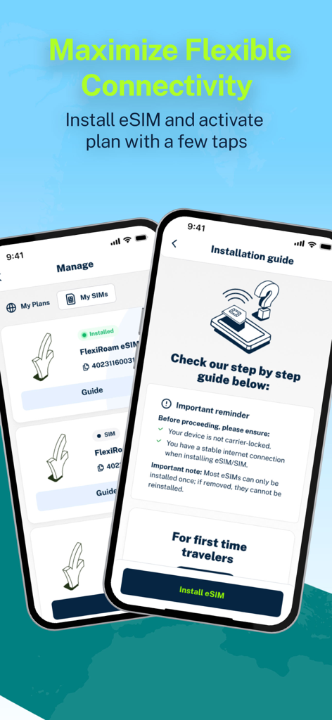 FlexiRoam eSIMインストールガイドとデータプラン管理インターフェースを表示する2つのiPhone画面