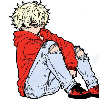 a male hoddie ripped jeans messy hair anime