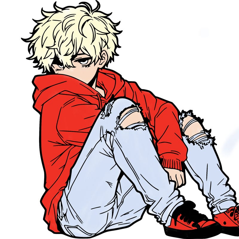 a male hoddie ripped jeans messy hair anime
