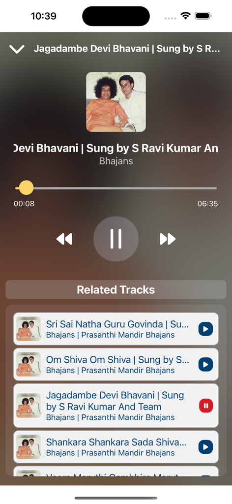 Prasanthi Connect - Audio player screen of Prasanthi Connect app featuring devotional bhajans and related tracks list.