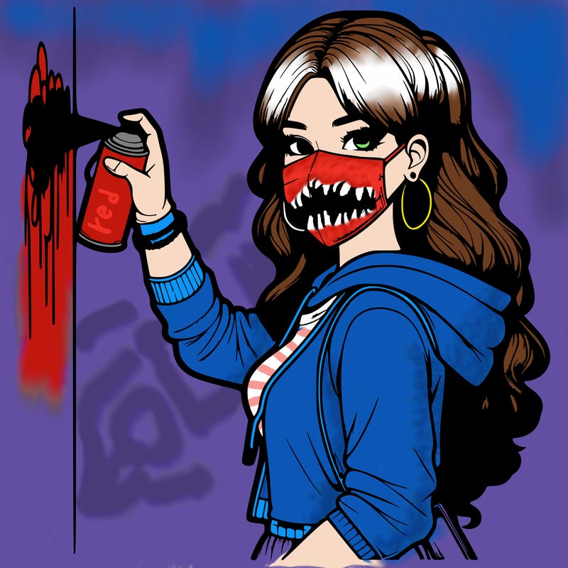 realistic girl with mask spray painting a wall