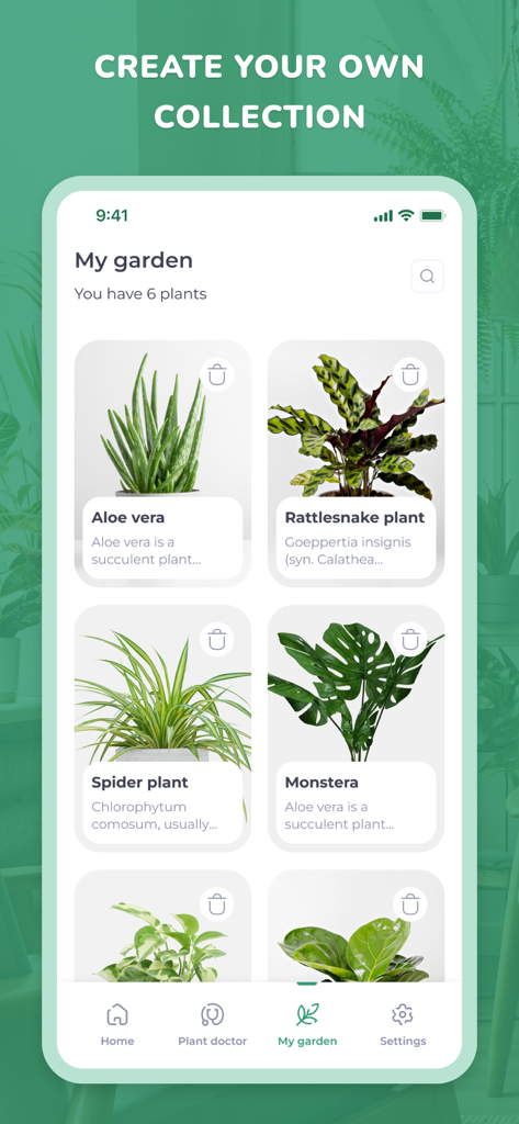 PlantID - Plant identifier++ - Uma interface de aplicativo móvel mostrando uma coleção personalizada de plantas como Aloe Vera e Monstera na seção Meu Jardim