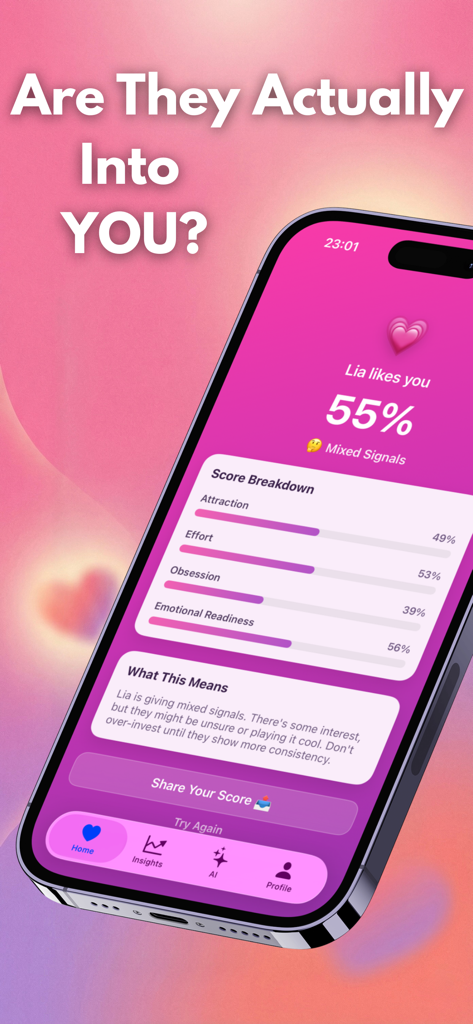 CrushScore: AI Love Calculator - CrushScore app results screen showing a fifty five percent attraction score and a breakdown of effort and emotional readiness