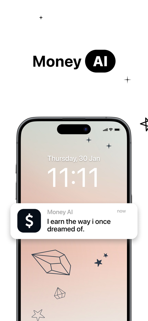 Money AI - iPhone lock screen showing 11 11 and a Money AI app notification with a financial manifestation affirmation