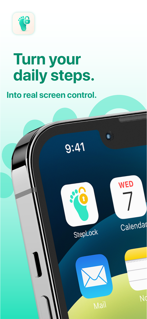 Steps Unlock app interface showing a smartphone with the slogan turn your daily steps into real screen control.