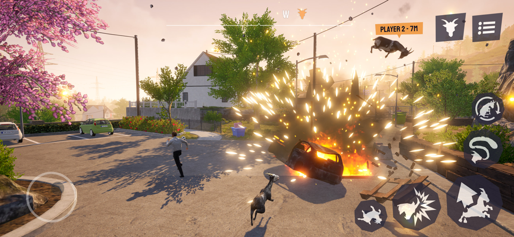 Goat Simulator 3 - A goat causing a car explosion in the suburban open world of Goat Simulator 3