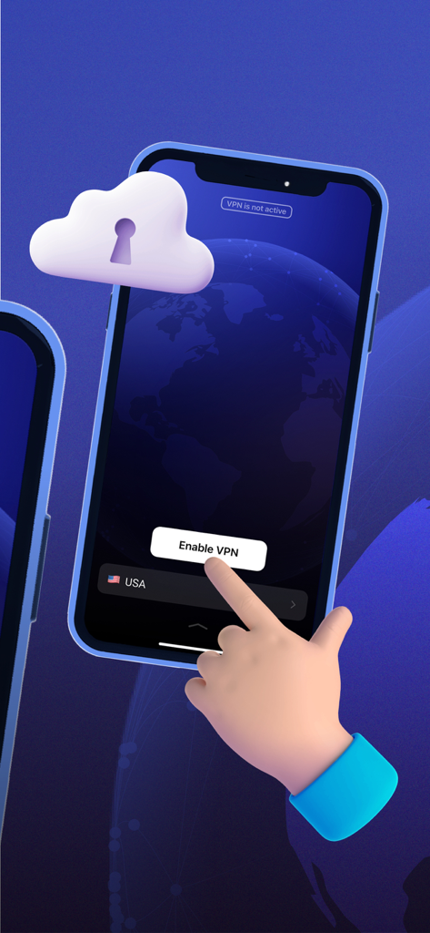 Private VPN Proxy - Easy Start - A hand tapping the enable vpn button on a smartphone with a cloud and globe background