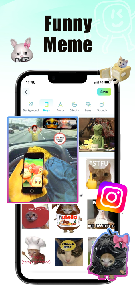 KeyFonts- Keyboard & Themes - Una colección de memes divertidos de Internet y pegatinas de gatos disponibles para temas de teclado personalizados en la aplicación KeyFonts