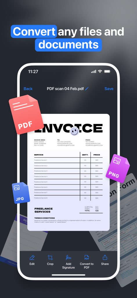 PDF Scanner: Photo JPG to PDF - Una interfaz de aplicación móvil mostrando una factura digital siendo convertida a PDF con iconos para archivos JPG y PNG.