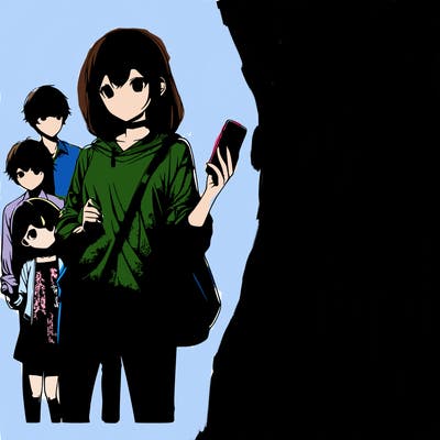realistic picture of an anime girl with dark brown hair tall and holding a phone in one hand and then hugging a shorter girl next to her and then another boy next to the shorter girl and then a toddler girl