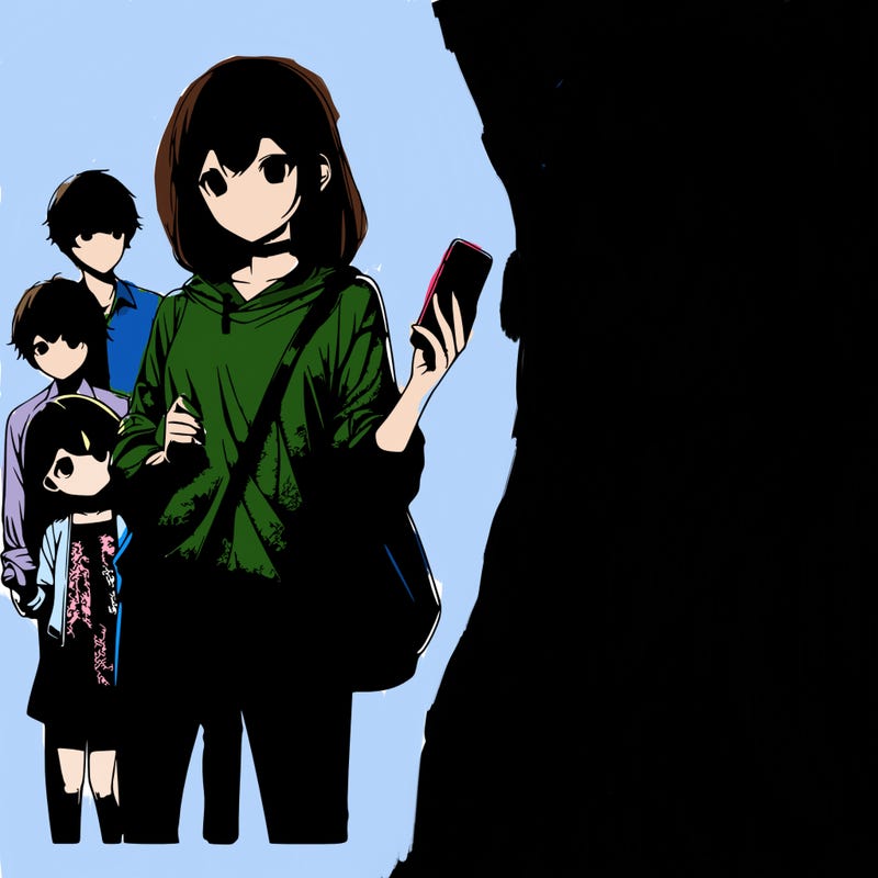 realistic picture of an anime girl with dark brown hair tall and holding a phone in one hand and then hugging a shorter girl next to her and then another boy next to the shorter girl and then a toddler girl