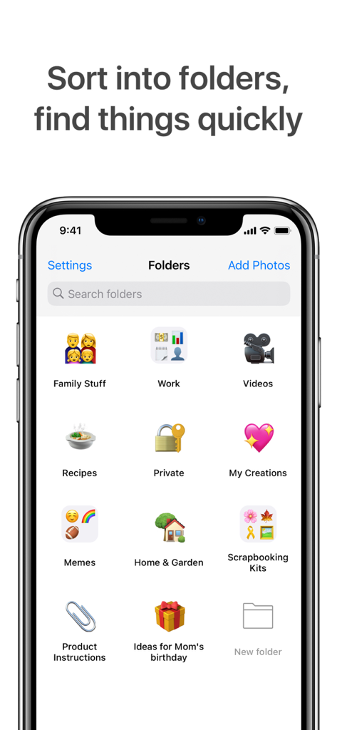 Pantalla de smartphone que muestra la aplicación Utiful con varias carpetas de fotos categorizadas como Trabajo, Familia y Recetas.