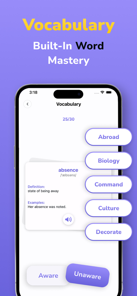 IELTS Exam Practice Test Prep - Tarjetas de vocabulario IELTS que muestran definiciones y ejemplos para la preparación del examen