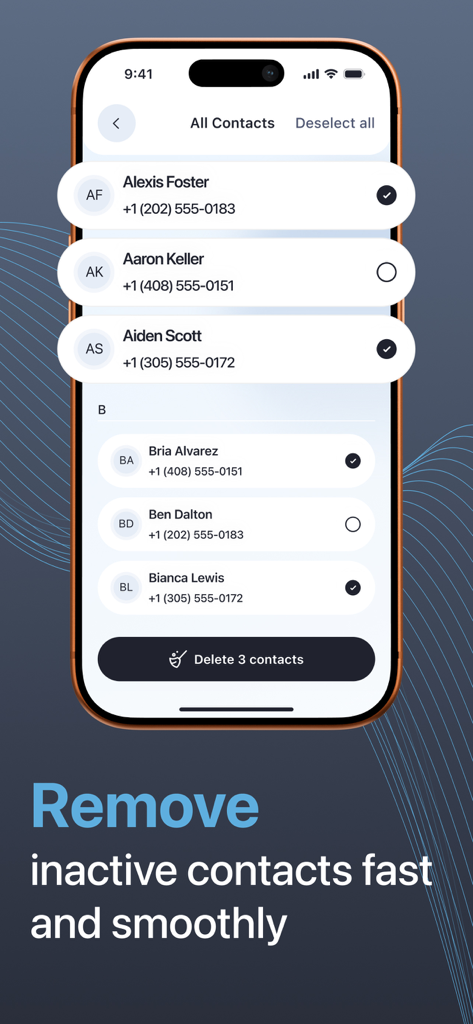 Interface of the Purilo Cleaner App showing the feature to select and remove inactive contacts from an iPhone.
