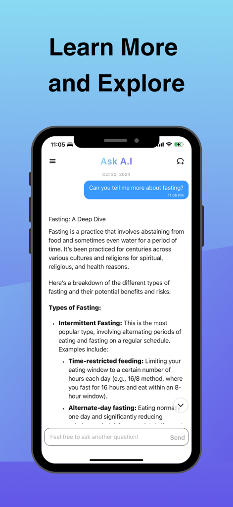 A screenshot of the Ask AI app showing a chat interface with a detailed explanation of fasting types and benefits.