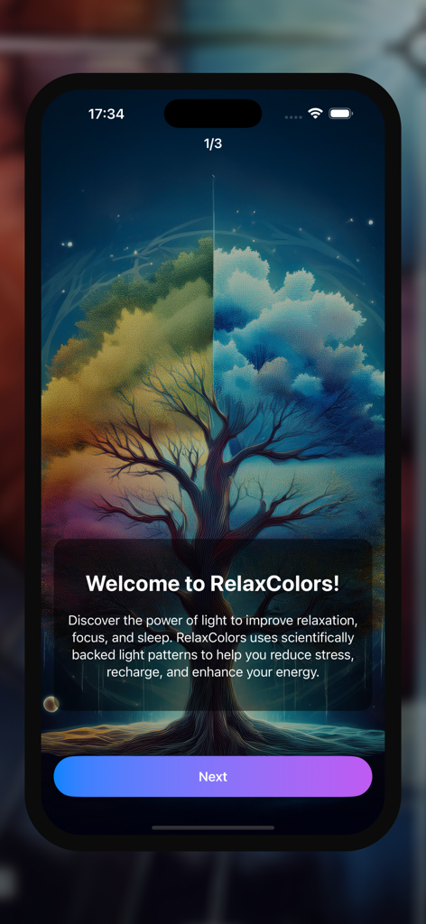 RelaxColors: Light Therapy AI - Pantalla de bienvenida de la aplicación RelaxColors con un gráfico de árbol vibrante y una descripción de los beneficios de la terapia de luz para la relajación y la concentración.